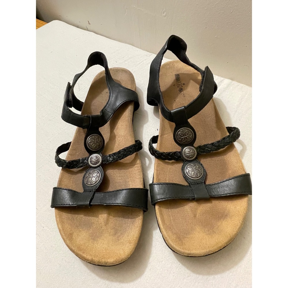 Minnetonka Black Leather Sandals Women's Size 10 Strappy  Style Outdoors‎ - Picture 2 of 7